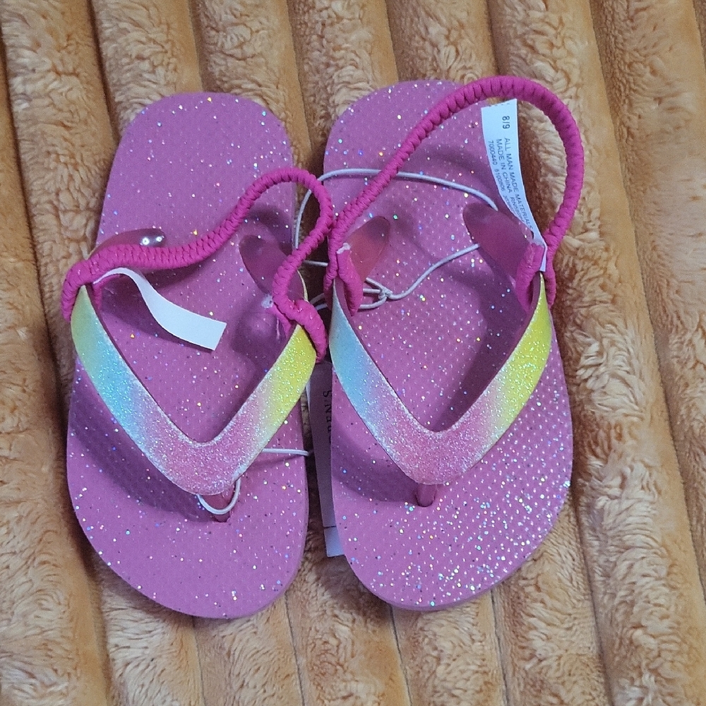 Children's Place Pink Glitter Flip Flops with Rainbow Straps